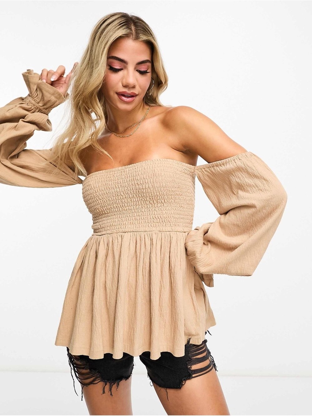 ASOS DESIGN Off Shoulder Textured Blouse – Stone | US 4
